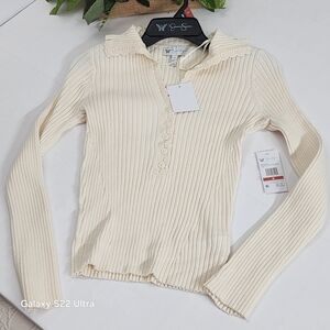 Cream Ribbed Button-Front Long Sleeve Top